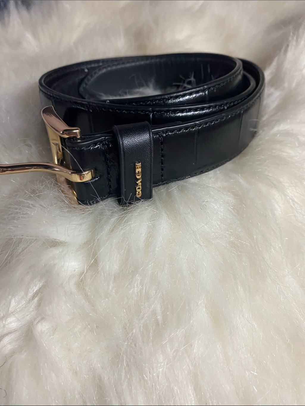 Coach Black Leather Croc-Embossed Belt With Gold Hardware